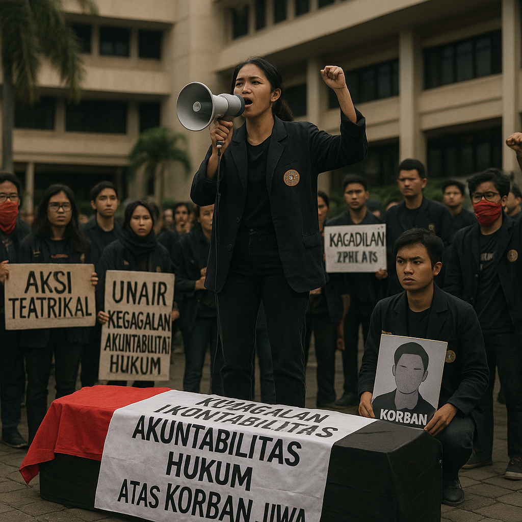 Aksi Teatrikal Unair Kritik Latihan Militer Kopdes, Mahasiswa Tuntut Akuntabilitas Hukum atas Korban Jiwa
